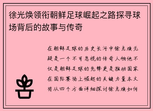 徐光焕领衔朝鲜足球崛起之路探寻球场背后的故事与传奇
